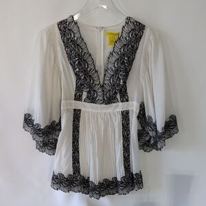 Catherine Malandrino White Blouse with Black Embroidery